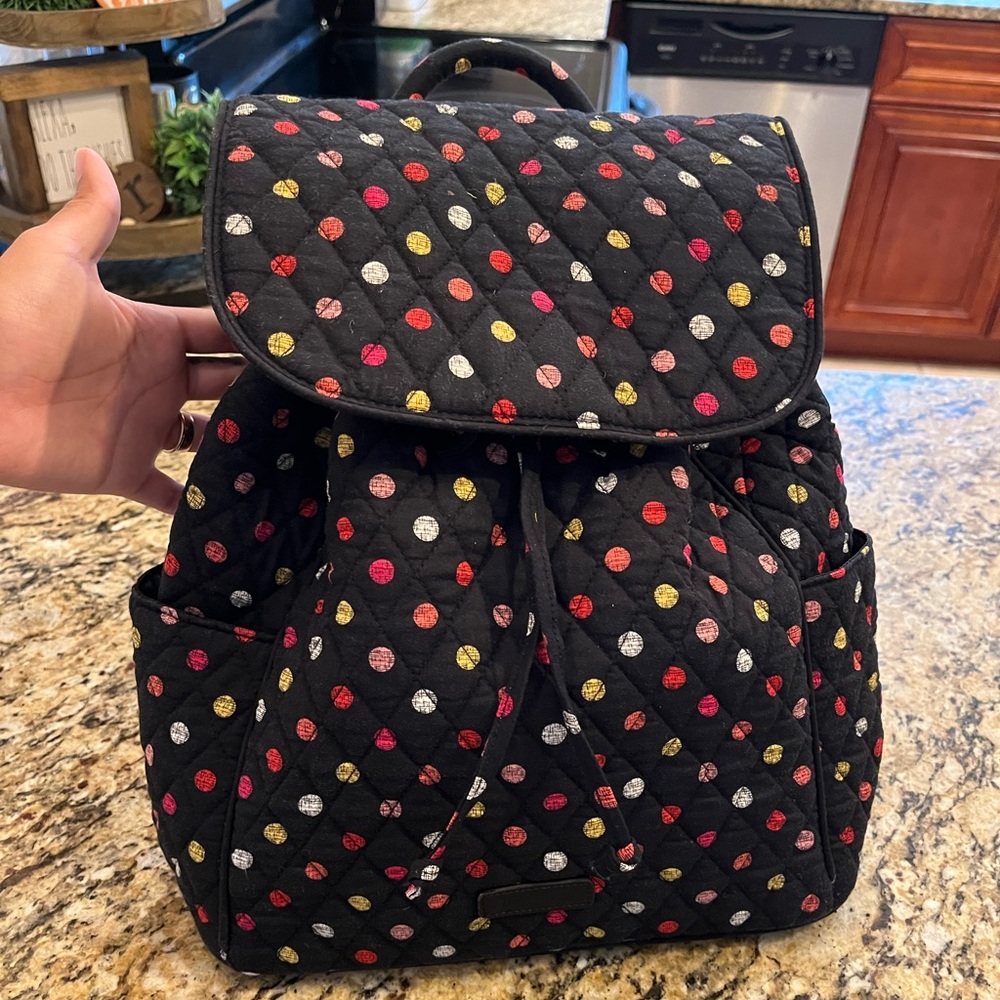 Vera Bradley Drawstring Backpack in Black Havana polka Dots bag